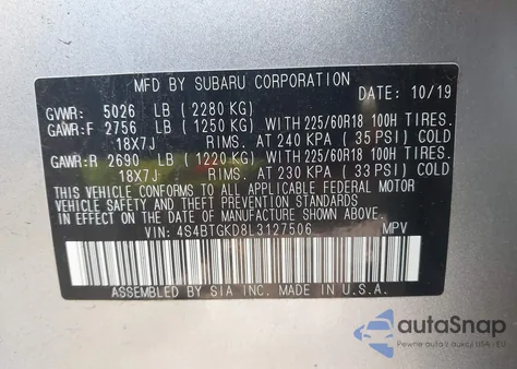 2020 Subaru Outback Onyx Edition Xt from USA, damaged, VIN 4S4BTGKD8L3127506